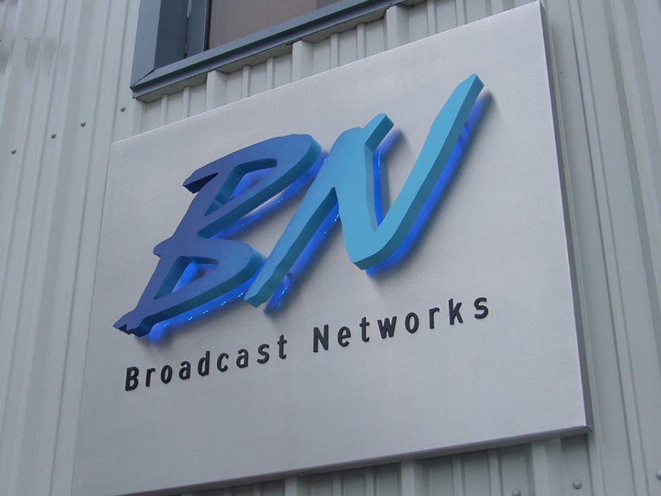 Bn Networks - Sign Tray mounted with Built up Metal Letters, Powder coated with faded finish with blue LED Illuminators