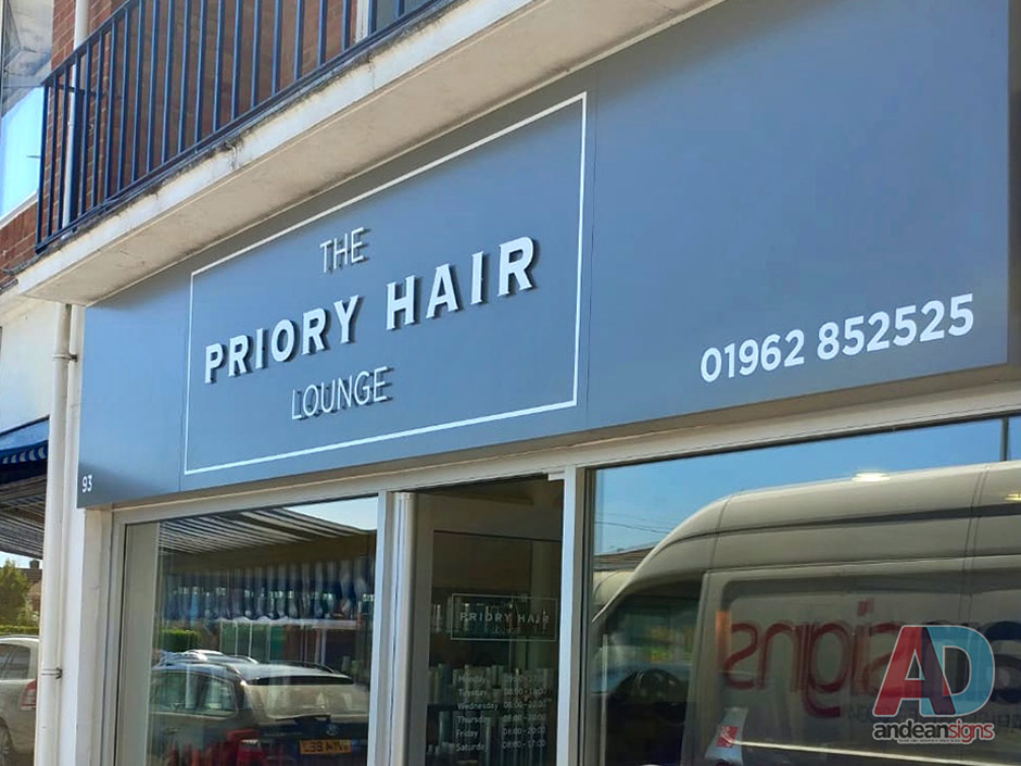 Priory Hair Lounge, stainless steel letters vinyl graphics applied to sign tray